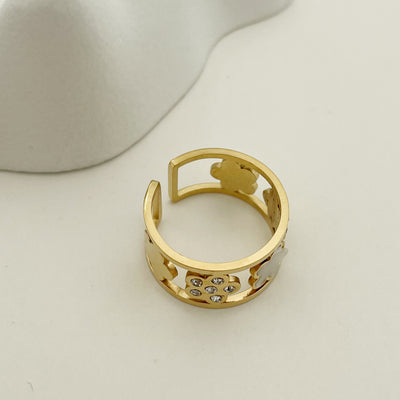 Geometric Floral Open Ring with Rhinestones in 18k Gold Plated Stainless Steel