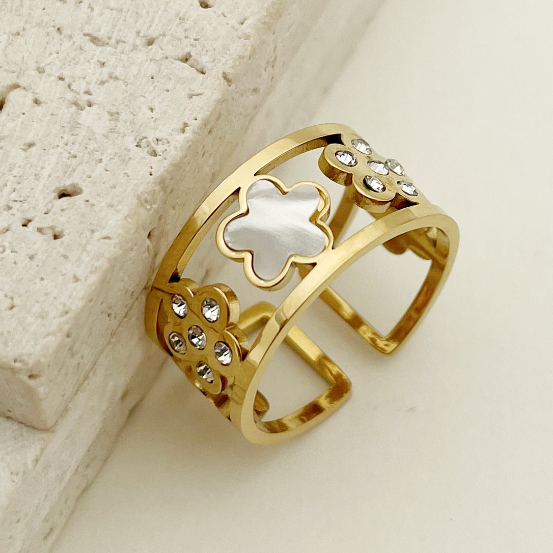 Geometric Floral Open Ring with Rhinestones in 18k Gold Plated Stainless Steel