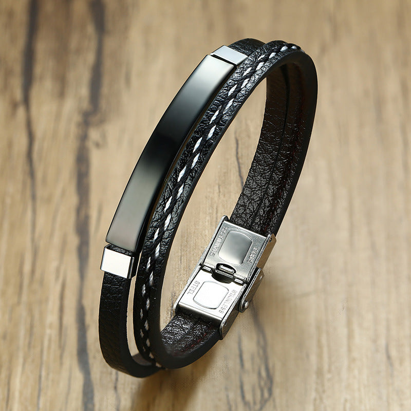 Fashion Geometric Stainless Steel PU Leather Braided Bracelet