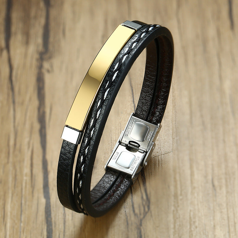 Fashion Geometric Stainless Steel PU Leather Braided Bracelet