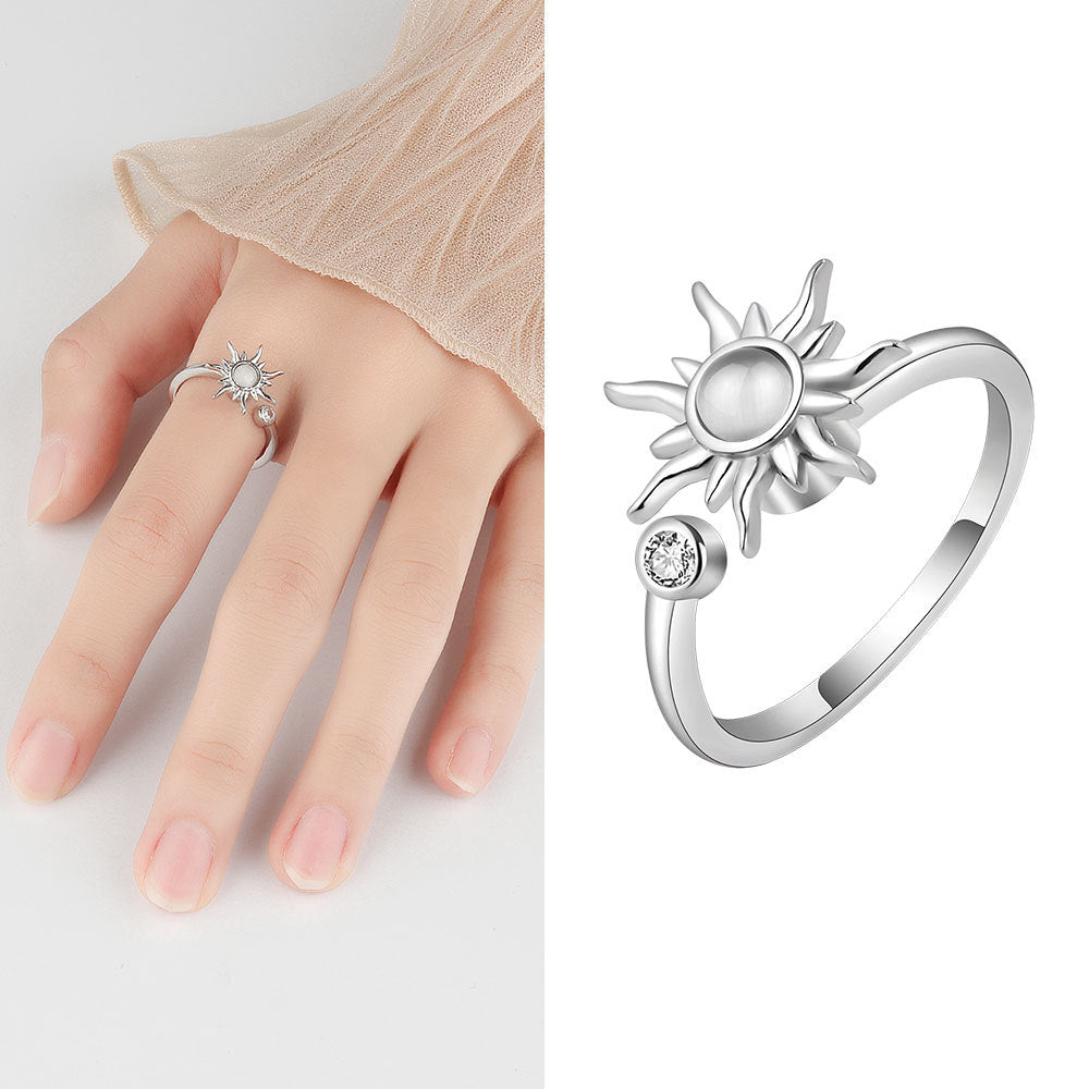 Geometric Sterling Silver Adjustable Spinner Ring with Zircon Clover Design