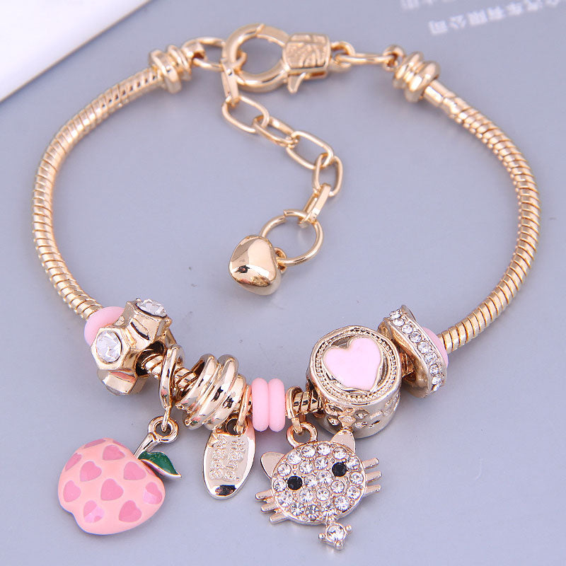 Gold Metal Apple Cat Pendant Tassel Bracelet for Women