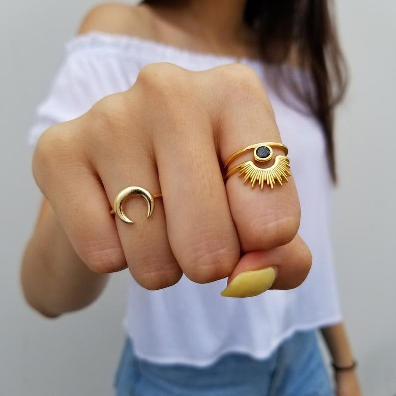 18k Gold Plated Stainless Steel Black Agate Sunflower Ring