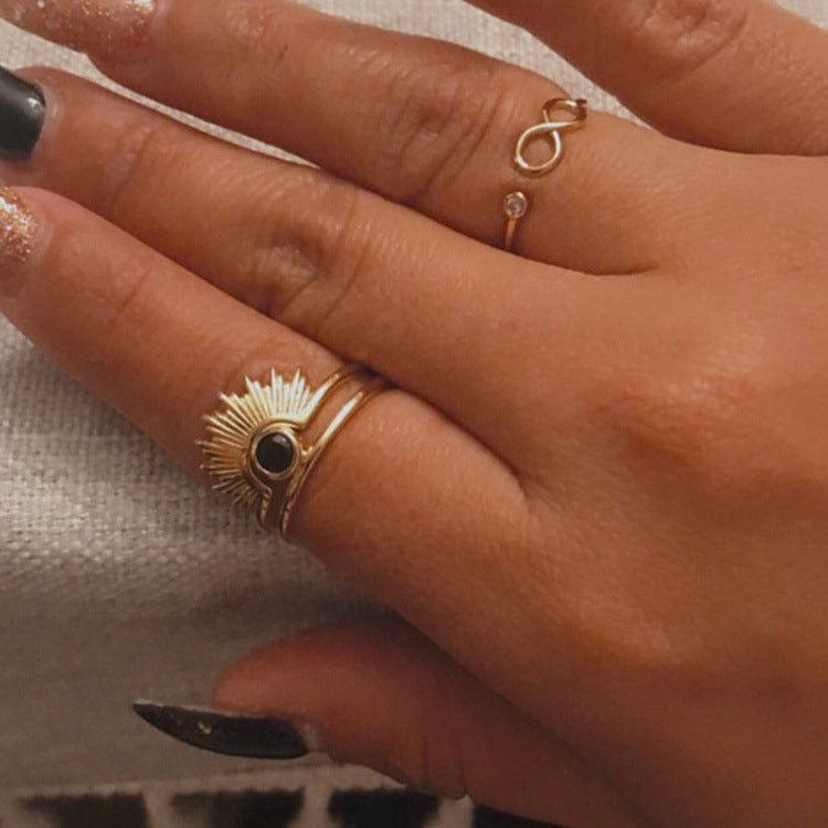 18k Gold Plated Stainless Steel Black Agate Sunflower Ring