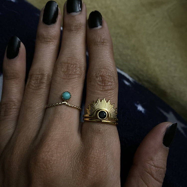 18k Gold Plated Stainless Steel Black Agate Sunflower Ring