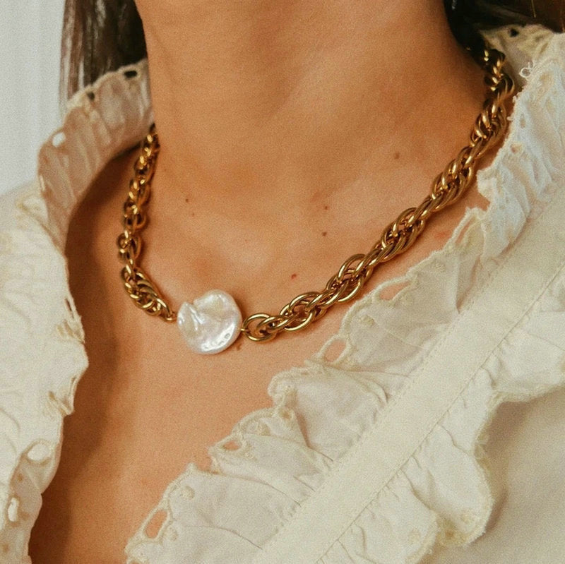 Gold-Plated Stainless Steel Pearl Chain Necklace