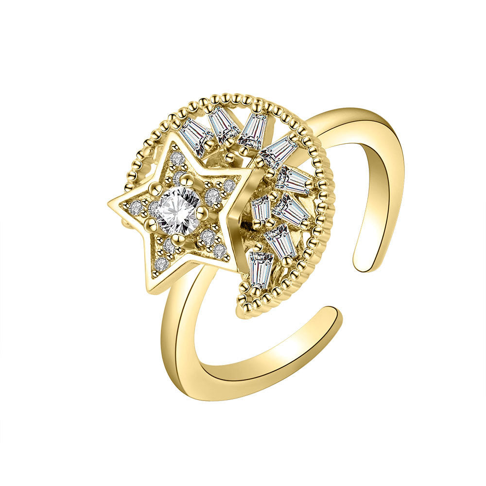 Adjustable Golden Star Moon Zircon Rotating Copper Ring