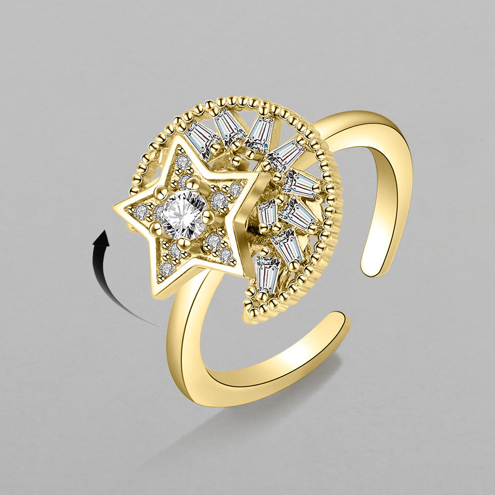 Fashion Golden Star Moon Zircon Rotating Copper Open Ring