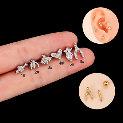 Fashion Heart Shape Bee Stainless Steel Plating Zircon Ear Studs 1 Piece