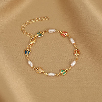 Fashion Heart Butterfly Alloy Bracelet and Necklace Jewelry Set with Artificial Pearls and Colorful Zircon