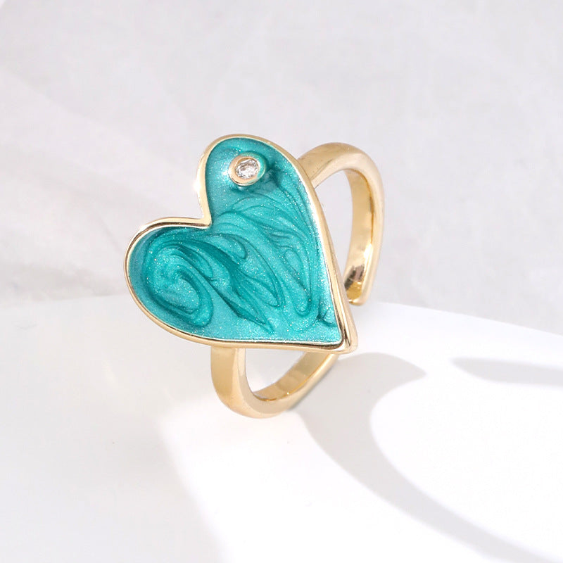 Fashion Heart Shape Adjustable Copper Enamel Zircon Ring