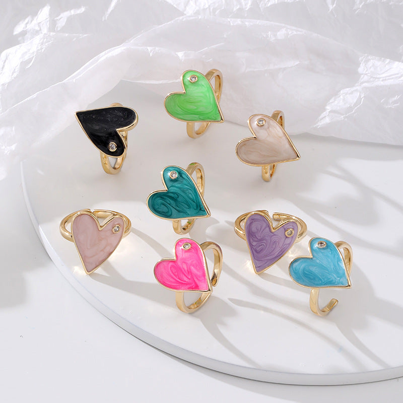 Fashion Heart Shape Adjustable Copper Enamel Zircon Ring