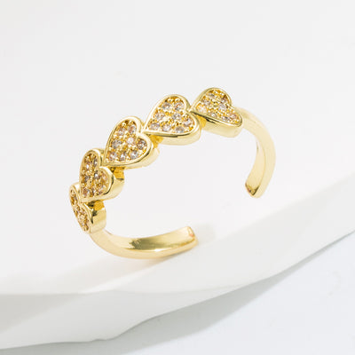 Elegant Heart-Shaped Adjustable Gold Plated Copper Ring with Zircon