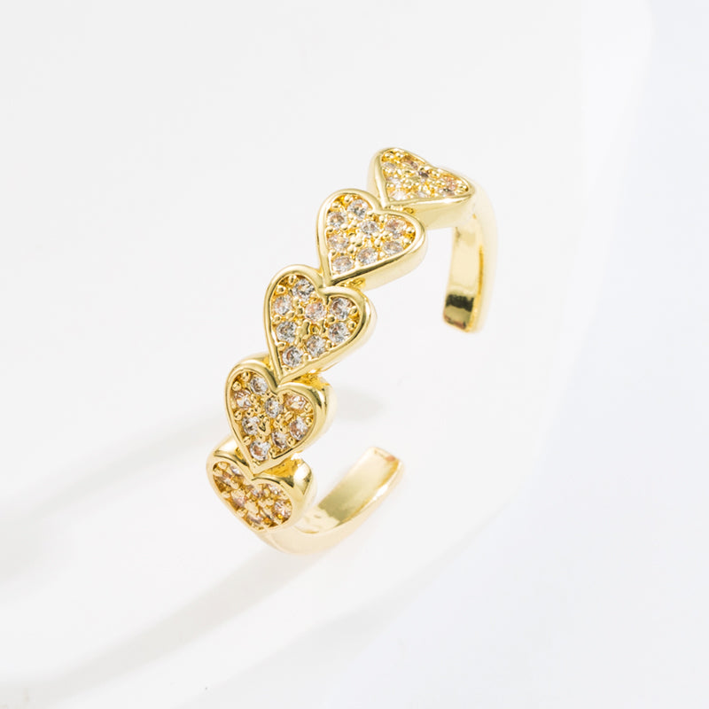 Elegant Heart-Shaped Adjustable Gold Plated Copper Ring with Zircon