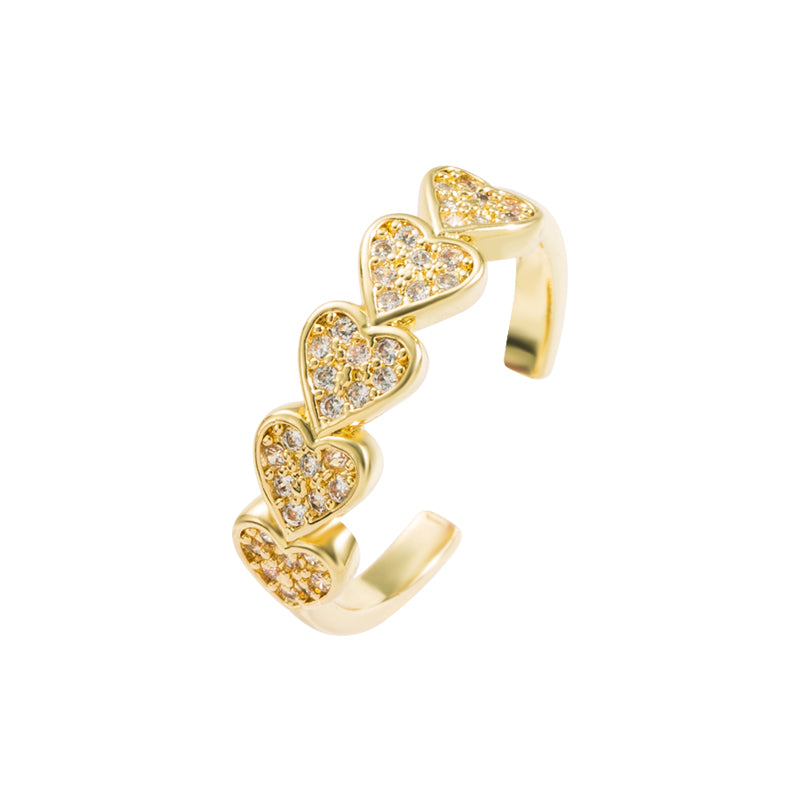 Elegant Heart-Shaped Adjustable Gold Plated Copper Ring with Zircon