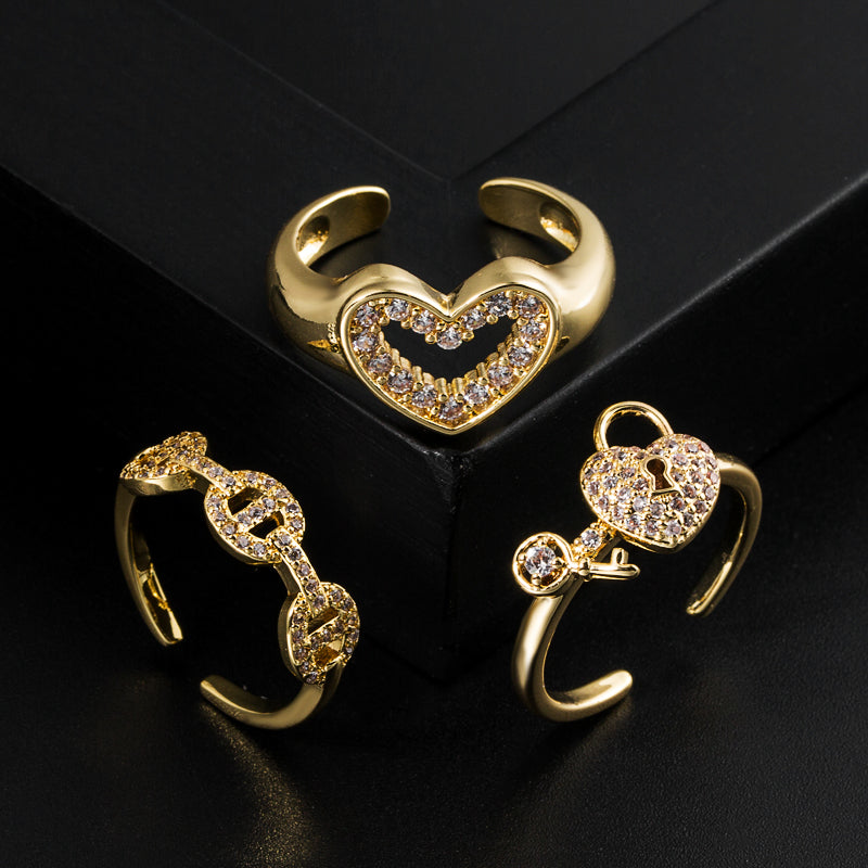 Fashion Minimalist Heart Shape Gold Plated Copper Ring with Zircon