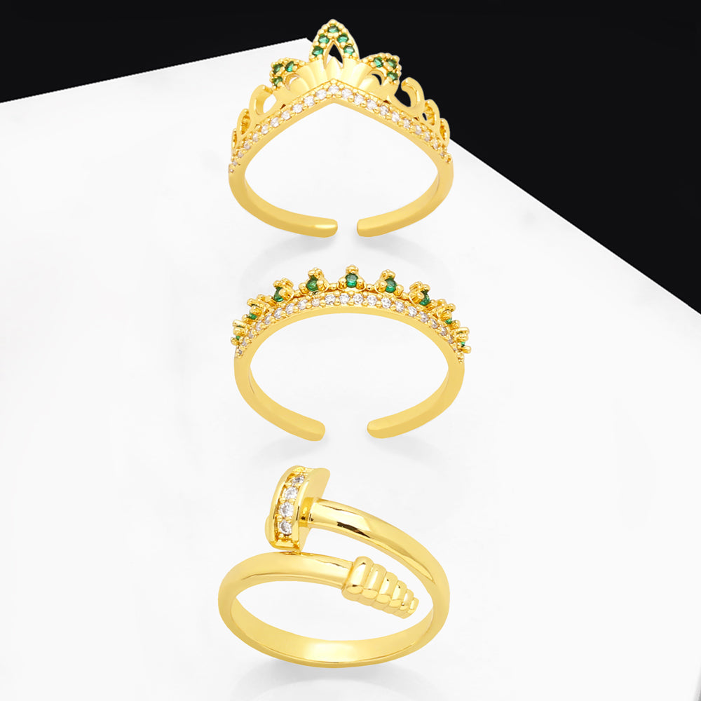 Fashion Heart Crown Zircon Gold Plated Open Ring