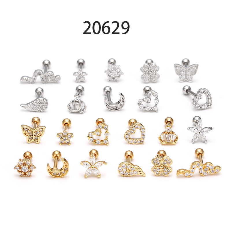 Fashion Heart Shape Stainless Steel Inlay Zircon Ear Studs 1 Piece