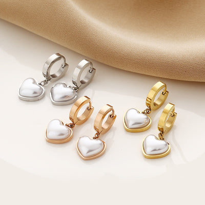Fashion Heart Shape Titanium Steel Plating Inlay Pearl Drop Earrings 1 Pair