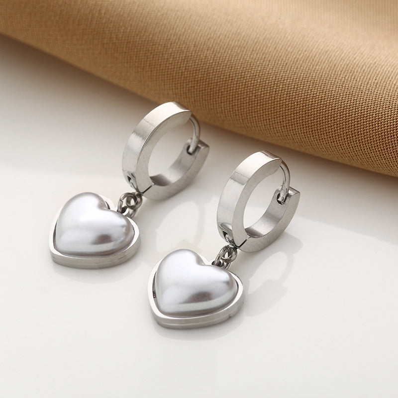 Heart Shape Pearl Inlay Titanium Steel Hoop Earrings