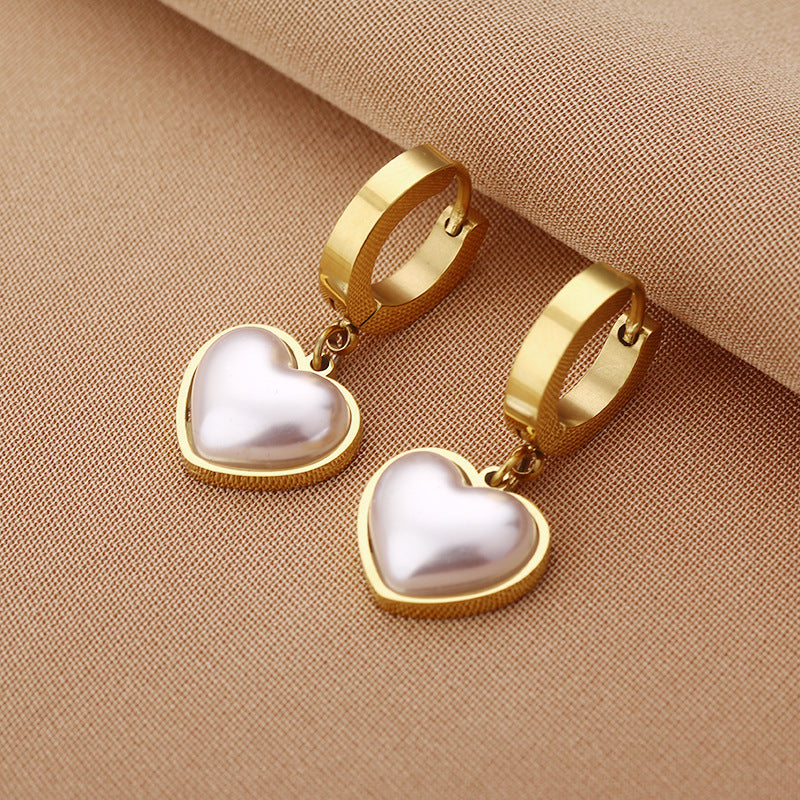 Heart Shape Pearl Inlay Titanium Steel Hoop Earrings