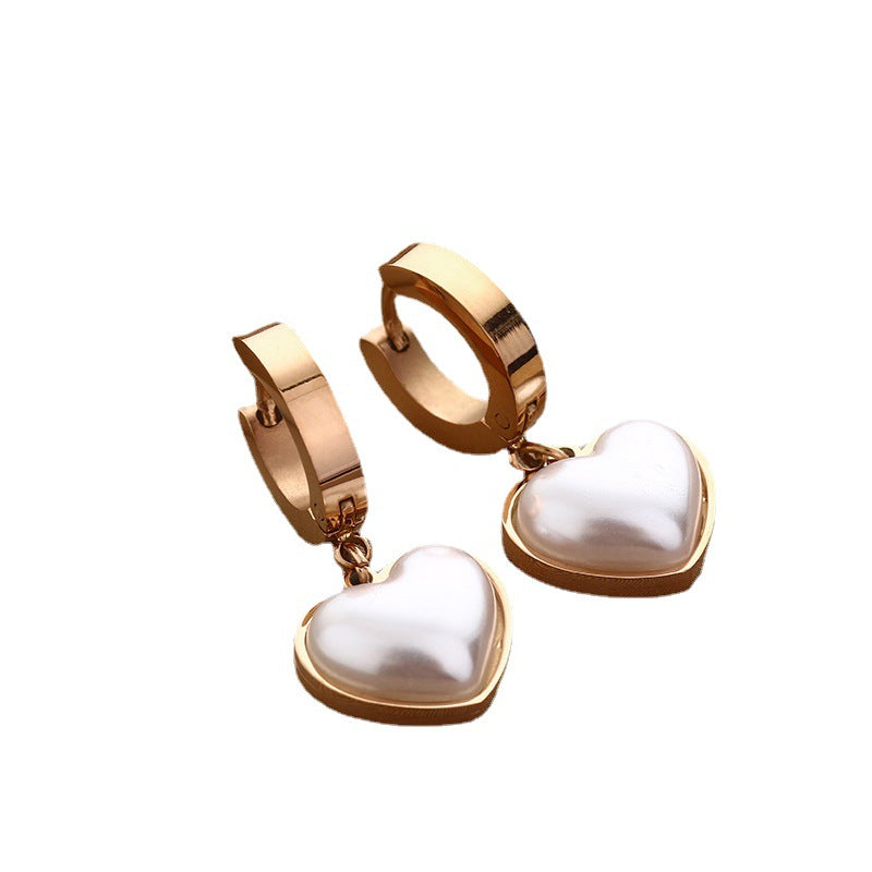 Heart Shape Pearl Inlay Titanium Steel Hoop Earrings