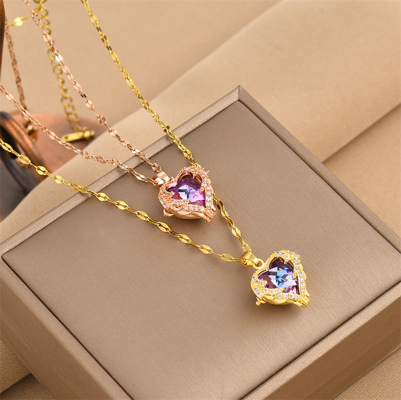 Fashion Heart Shape Titanium Steel Crystal Pendant Necklace