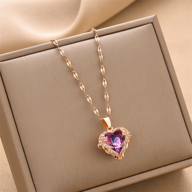 Fashion Heart Shape Titanium Steel Crystal Pendant Necklace