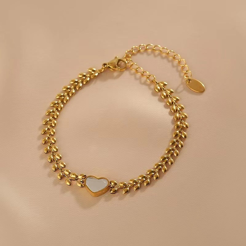 Fashion Wheat Design Heart Shell Titanium Steel Bracelet - 18k Gold Plated