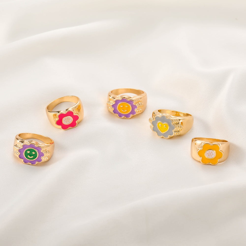 Fashion Heart Smiley Flower Geometric Alloy Ring