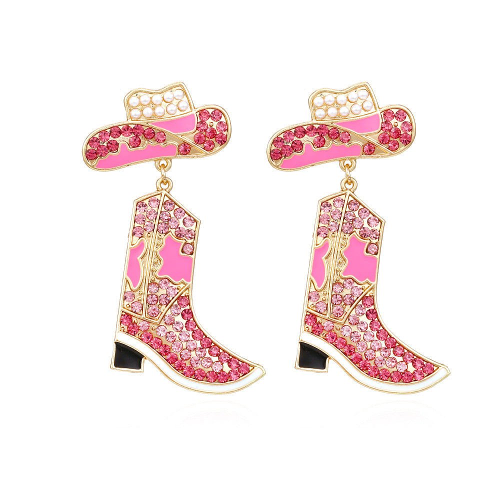 Western Cowboy Hat & Boot Rhinestone Pearl Drop Earrings for Women