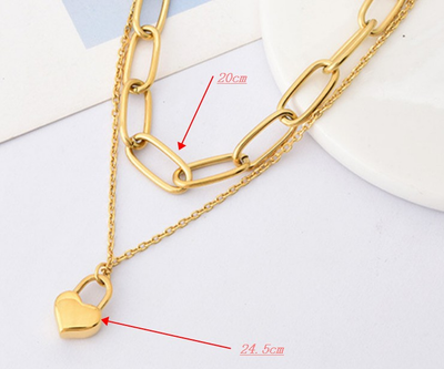 Fashion Hip-hop Heart-shaped Titanium Steel Thick Chain Double-layer Clavicle Chain