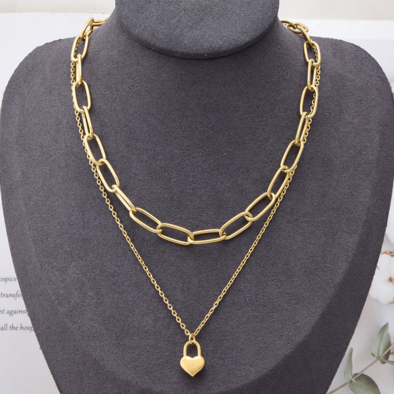 Fashion Hip-hop Heart-shaped Titanium Steel Double-layer Chain Necklace and Pearl Bracelet Set