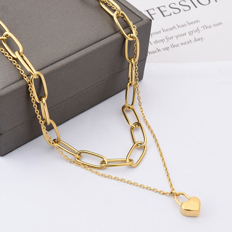 Fashion Hip-hop Heart-shaped Titanium Steel Double-layer Chain Necklace and Pearl Bracelet Set