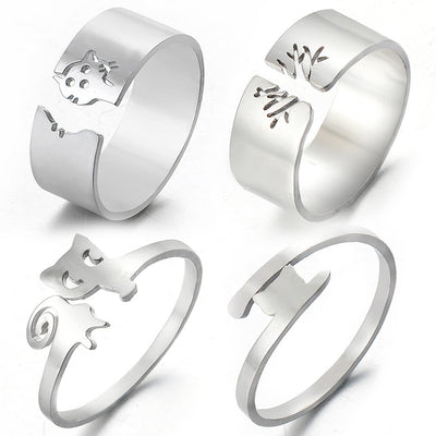 Fashion Hollow Cat Stainless Steel Open Ring
