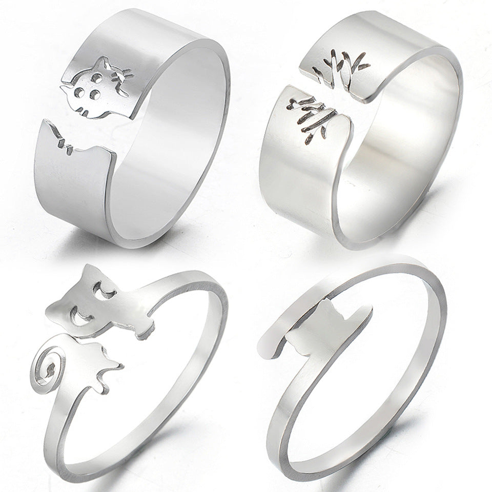 Fashion Hollow Cat Stainless Steel Open Ring