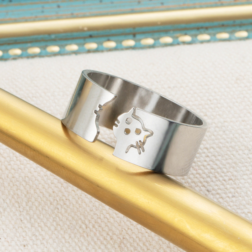 Fashion Hollow Cat Stainless Steel Open Ring