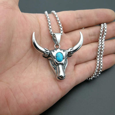 Titanium Steel Polished Turquoise Bull Pendant Necklace