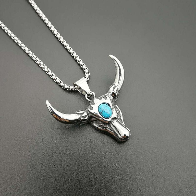 Titanium Steel Polished Turquoise Bull Pendant Necklace