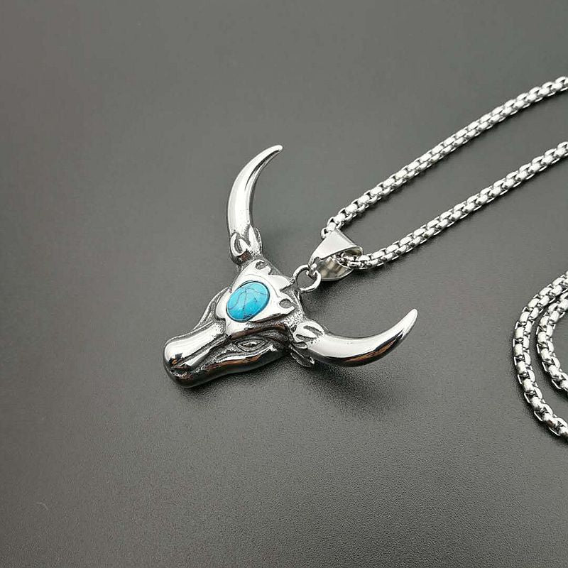 Titanium Steel Polished Turquoise Bull Pendant Necklace