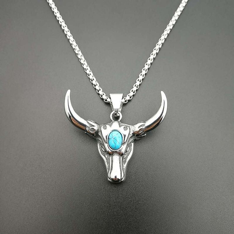 Titanium Steel Polished Turquoise Bull Pendant Necklace