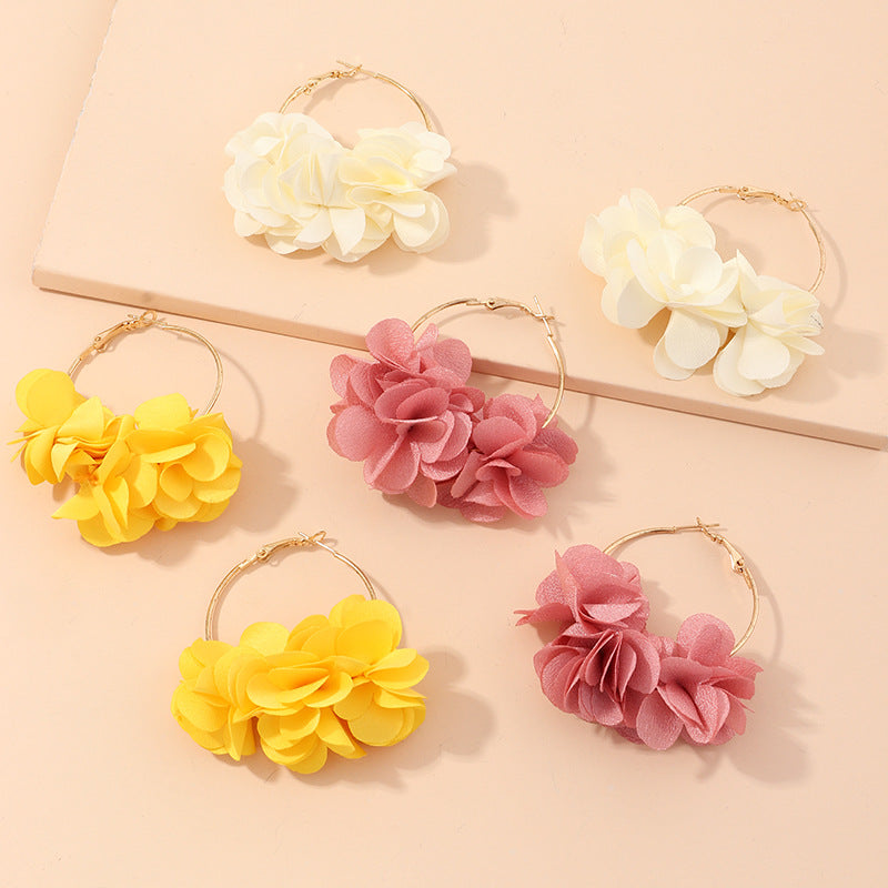 Fashion Jewelry Wild Sweet Geometric Fabric Flower Earrings Alloy Large Ring Earrings