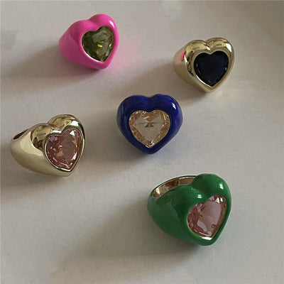 Colorful Enamel Heart-shaped Gemstone Ring - Bold Fashion Design