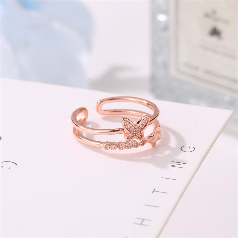 Fashion Double Layer Leaf Butterfly Zircon Adjustable Open Ring