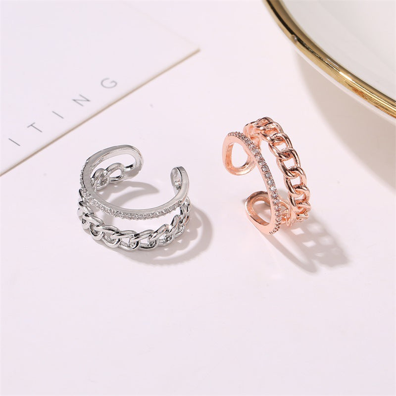 Fashion Double Layer Leaf Butterfly Zircon Adjustable Open Ring