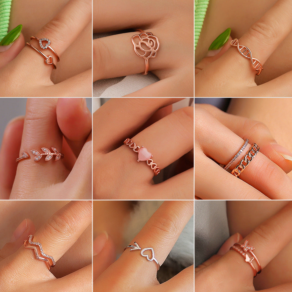 Fashion Double Layer Leaf Butterfly Zircon Adjustable Open Ring