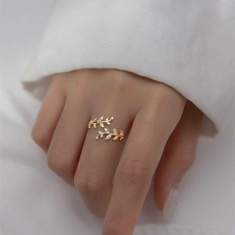 Gold Plated Leaf and Branch Open Ring with Rhinestones