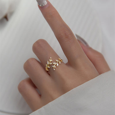 Gold Plated Leaf and Branch Open Ring with Rhinestones