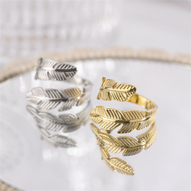 Fashion Titanium Steel Feather Open Ring