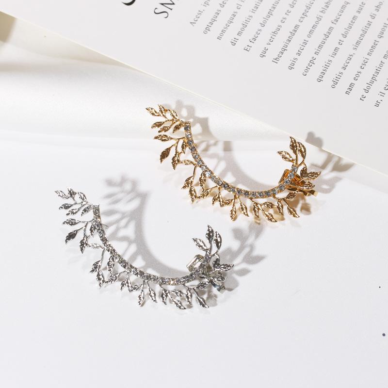 Leaf-Studded Crystal Ear Cuff Clip Earrings for Women